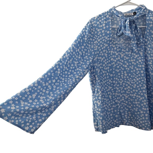 RIXO Josie Blue Floral Print Bow Neck Long Sleeve Viscose Blouse Top Size L - Picture 4 of 7